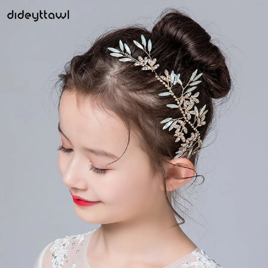 Dideyttawl Leaf Meisjes Hoofddeksels Voor Bruiloft Metal Kids Hoofdband Gebladerte Steentjes Junior Bruidsmeisje Verjaardag Haar Accessoires