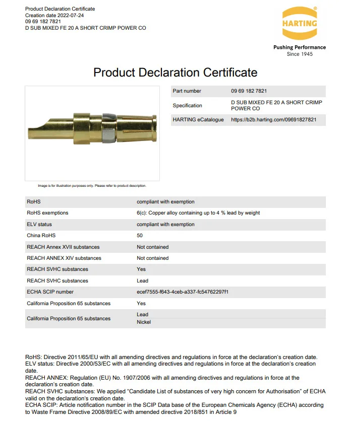 09691827821 Harting DSUB Mix FE 20 A SHORT CRIMP POWER