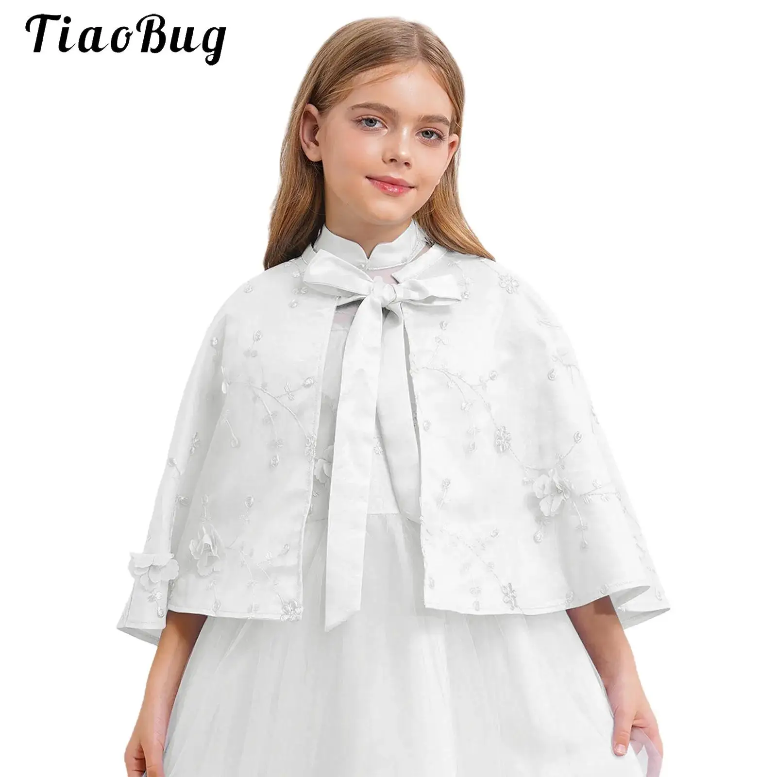 

Kids Flower Girls Bolero Jacket Formal Satin Flower Embroidery Elegant Shrug Cape Cloak for Princess Wedding Party Outwear