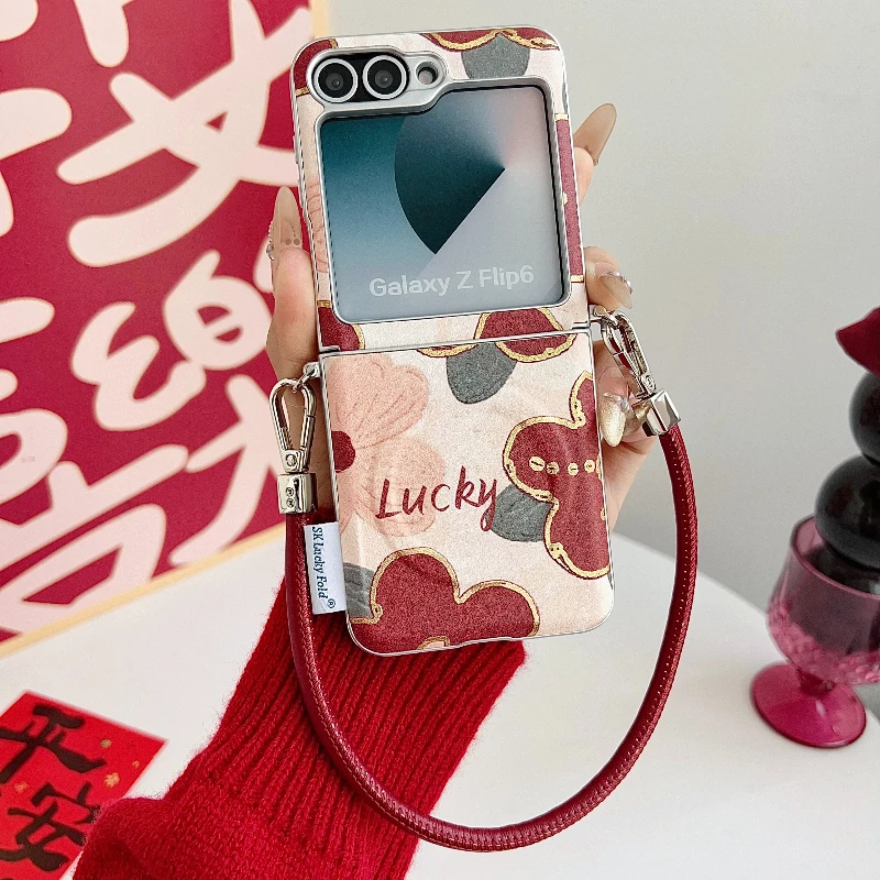 Luxury Gilded Lucky Oil Painting Floral Case For Samsung Galaxy ZFlip 7 6 5 5G ZFlip7 With Lanyard New Year Red Back Cover Funda