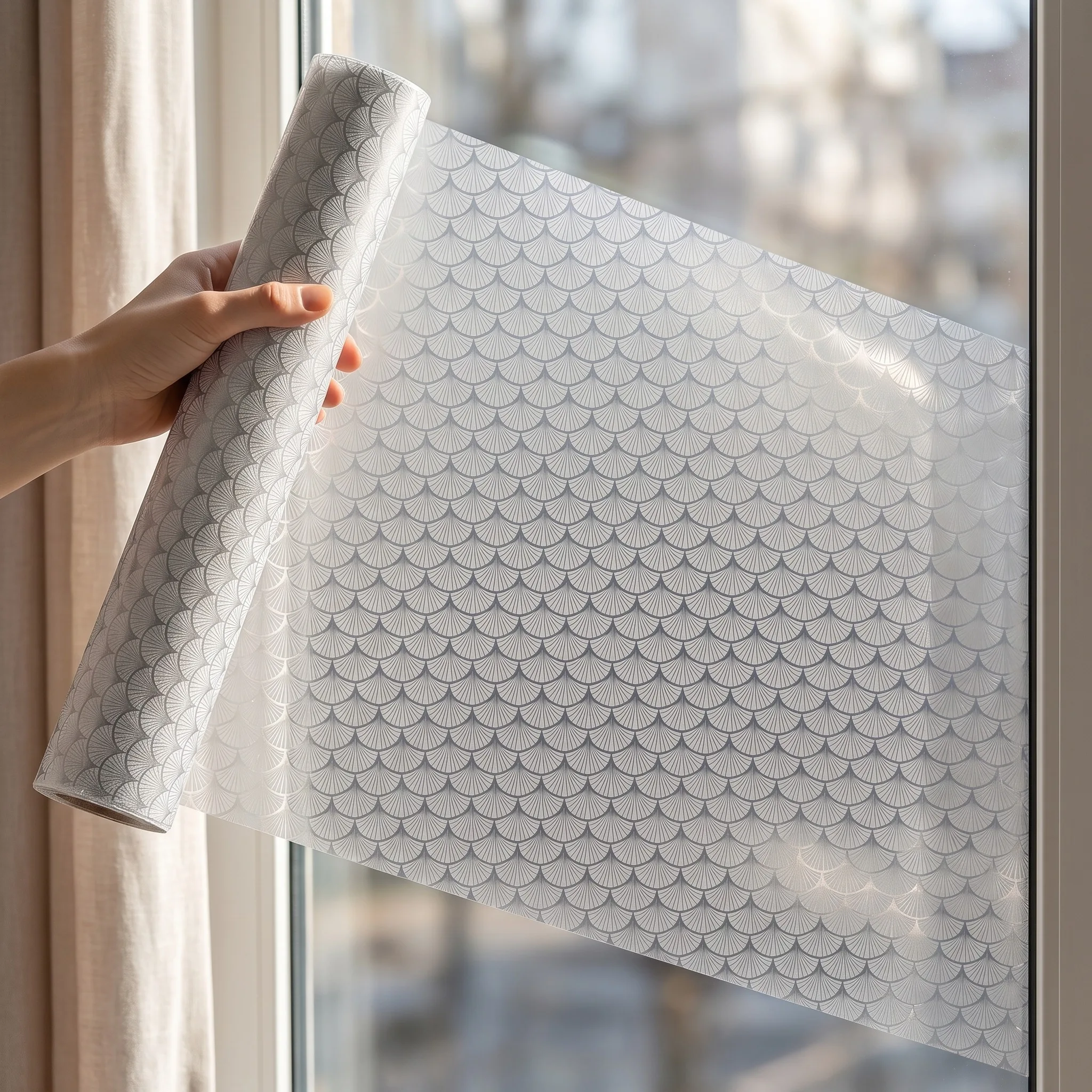 Static Cling No Glue Frosted Window Film Japanese Fish Scale Geometric Privacy Glass Film, Minimalist Elegant Decor for Bathroom