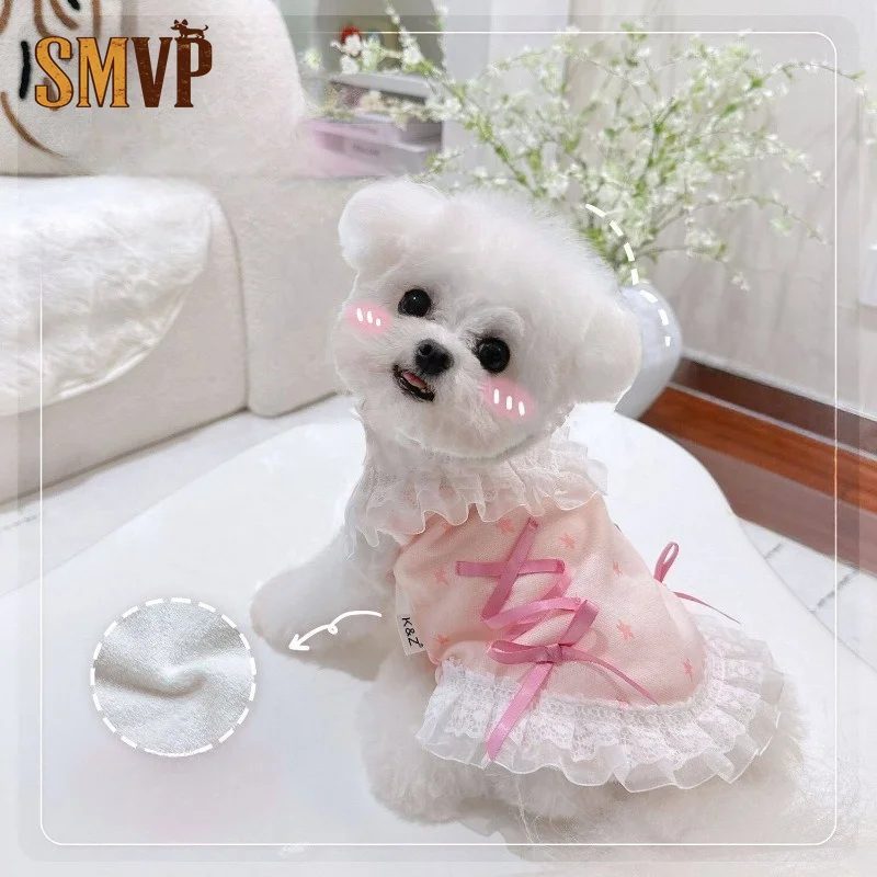 

Pink Star Print Pet Dress with Lace Trim Crisscross Ribbon Fleece Lined for Warmth Cute Lolita-Style Winter Outfit for Dogs Cats