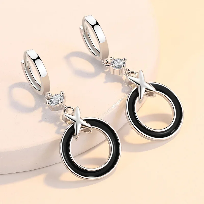 ALIZERO Trendy Black Circle X Orecchini a cerchio per le donne Gioielli in argento sterling 925 Zircone lucido Orecchino lungo Accessori per feste