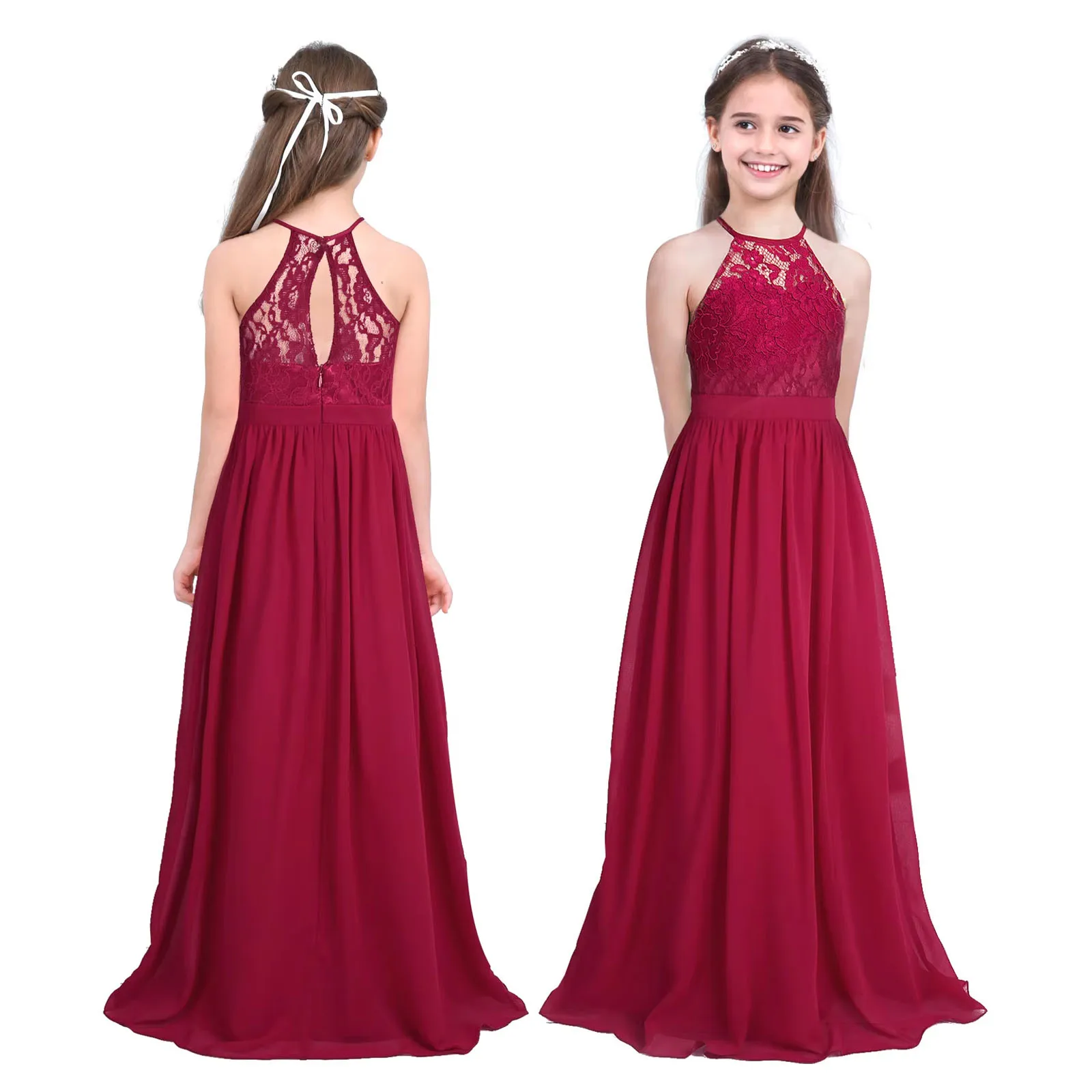 Girl's Elegant Halter Neck Floral Lace Flower Girl Birthday Party Dress for Kids Teen Wedding Festive Bridesmaid Lace Long Dress