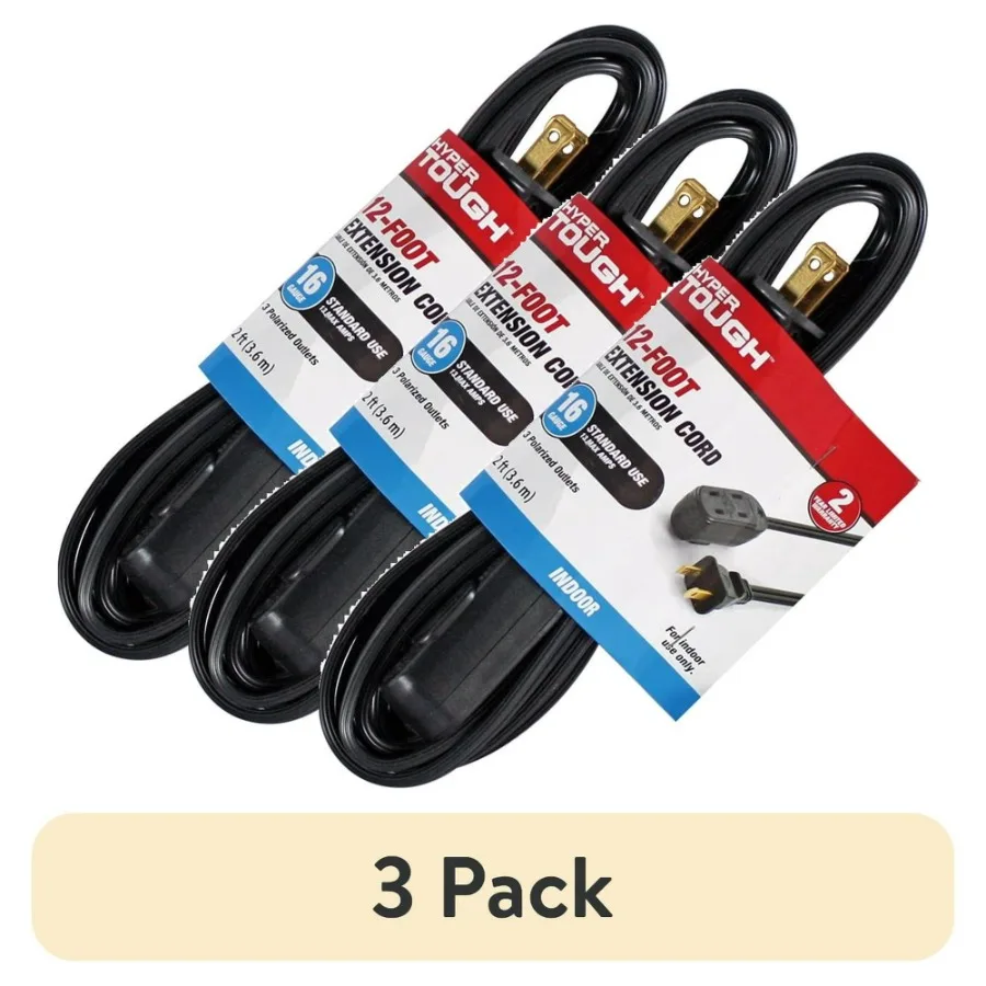 

3 pack 12FT 16AWG 2 Prong Black Indoor Household Extension Cord 13 amps