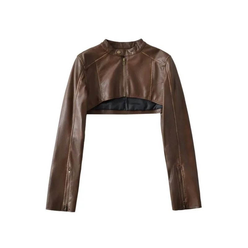 

Женское ультракороткое кожаное пальто с воротником-стойкой, милый крутой горячий стиль для девочек, кардиган на молнии с длинными рукавами, топ для