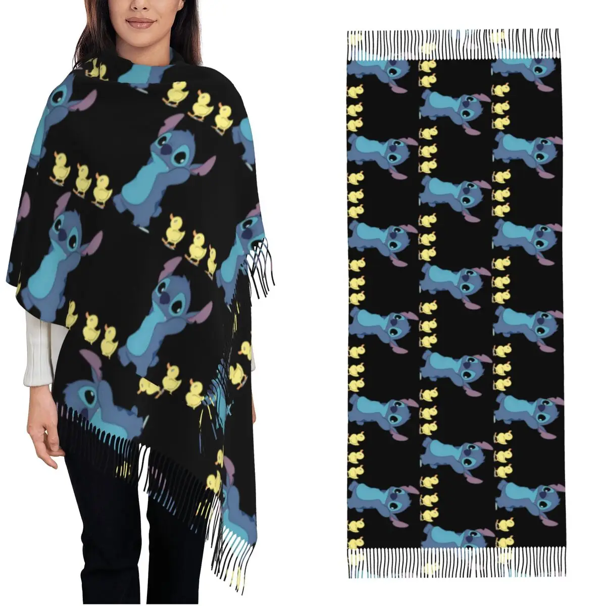 Stitch And Little Ducks Scarf for Womens Winter Fall Shawls and Wrap Cute Cartoon Large Scarves with Tassel for Ladies