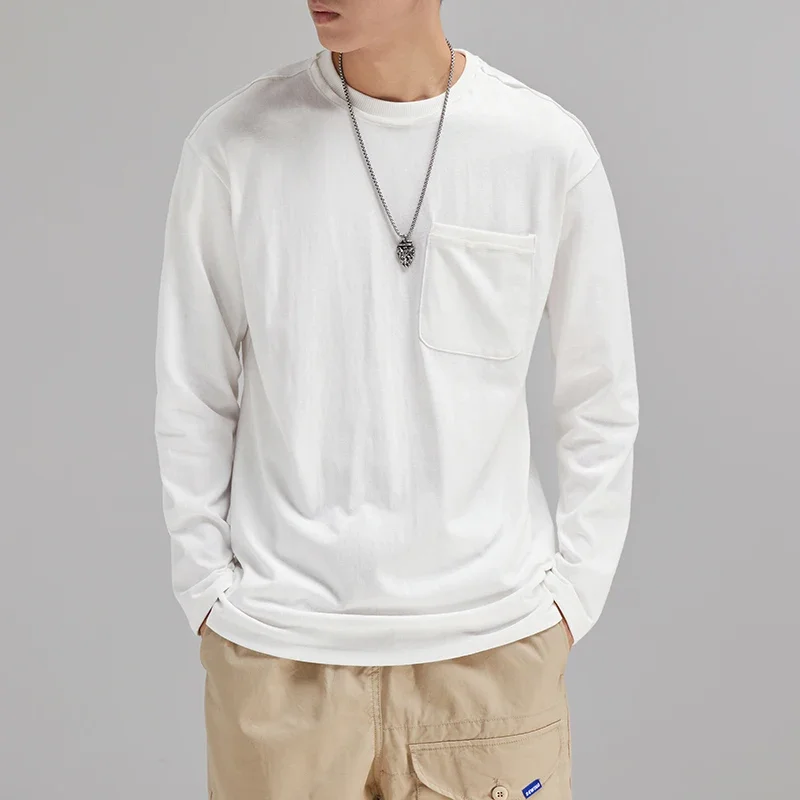 2025 Autumn Trend Brand New Men's Cotton Long Sleeve Loose T-shirt Japanese Harajuku American Tooling Round Neck Pocket T-shirt