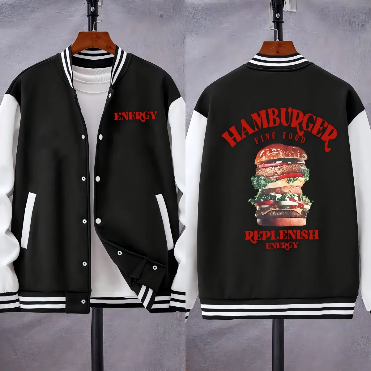 

Hamburger Fine Food Replenish Energy Print Baseball Uniform Men Hip Hop Casual Jacket Autumn Loose Streetwear Unisex Fleece Top