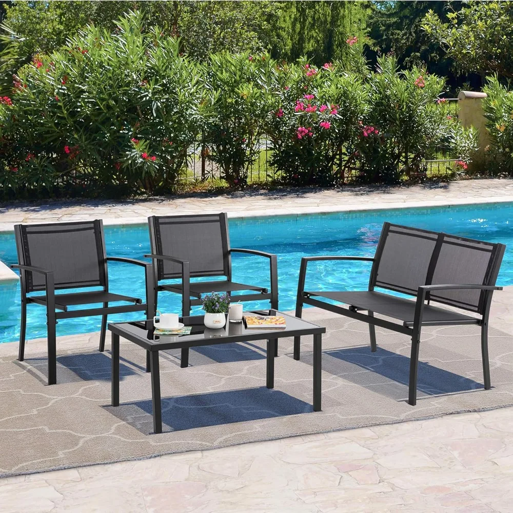 

Outdoor Patio Furniture Sets, Modern Textilene Bistro Set Patio with Loveseat and Glass Tea Table, Conversatio Set with for Lawn
