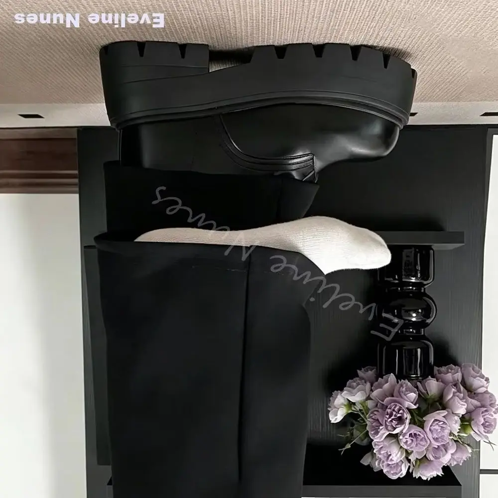 16.5CM Hidden Super Height Increasing Mid Calf Boots Cross Tied Non Slip Platform Gothic Street Cosplay Performance Black Shoes