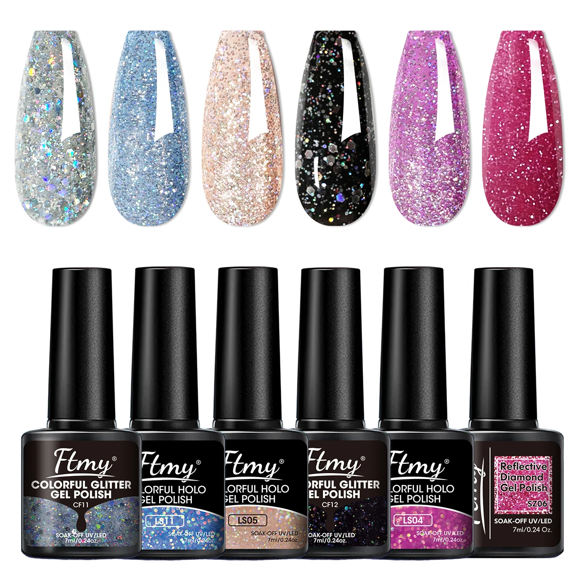 

6pcs/Gel Nail Polish Set - Glitter Sequins Semi-Permanent Soak LED UV Nail Art Gel Varnish