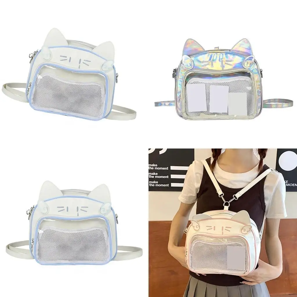 

D46D School Girl Student Backpack Crossbody Itabag Japanese Cats Designs Clear Pocket Shoulder Bag for Anime Pin Display