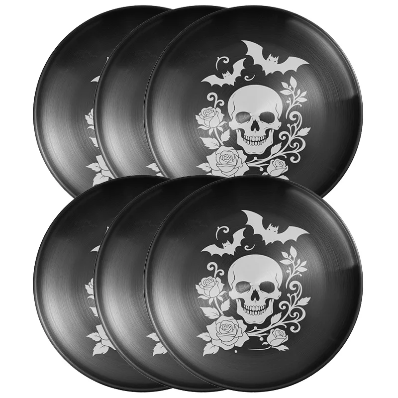 Laser Skull Rose Stainless Steel Plate, Metal Round Dinner Tray, Dessert Camping BBQ Plate, Reusable Home Kitchen Tableware