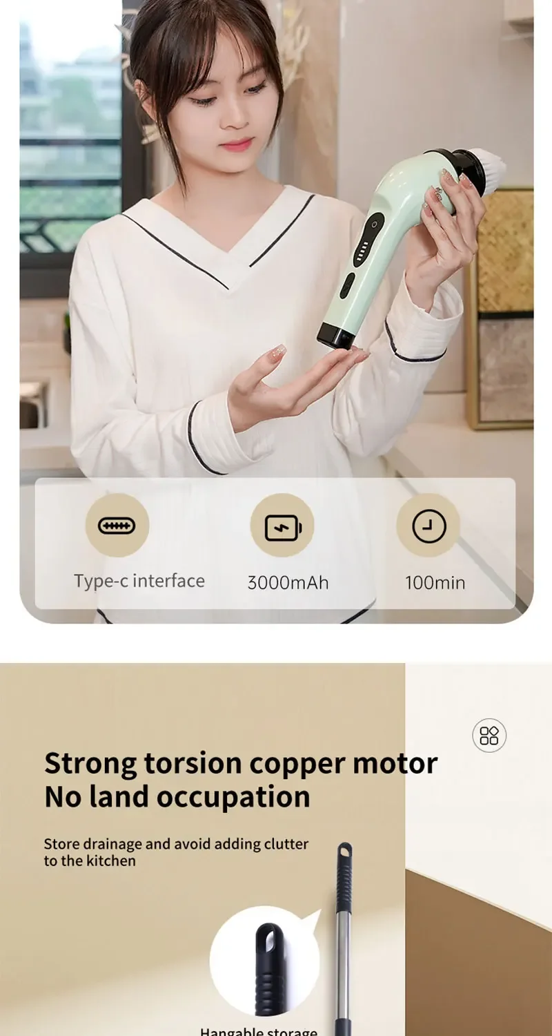 Simplify everyday cleaning with a rechargeable electric spin scrubber featuring an extension handle, interchangeable brush heads, USB-C charging, and a battery display.
