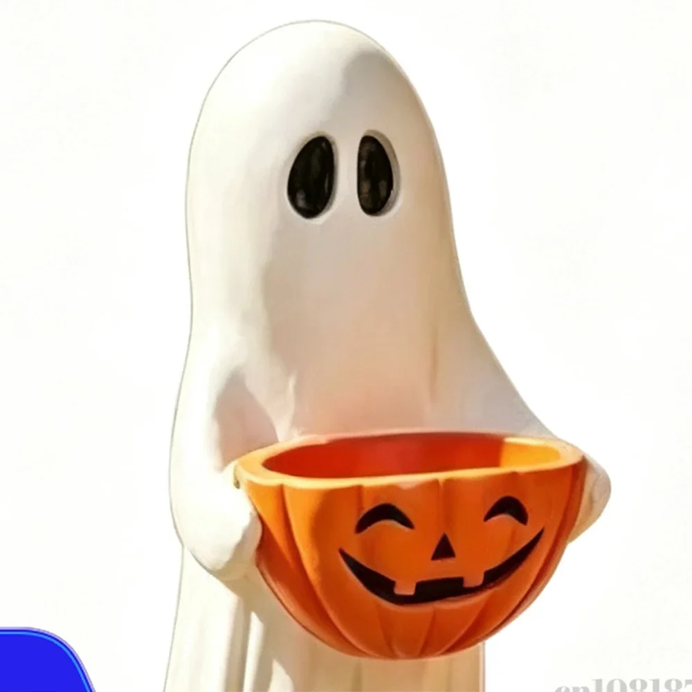 Halloween Pumpkin Candy Bowl Ghost Resin Statue Outdoor Indoor Yard Garden Porch Patio Freestanding Holiday Decor