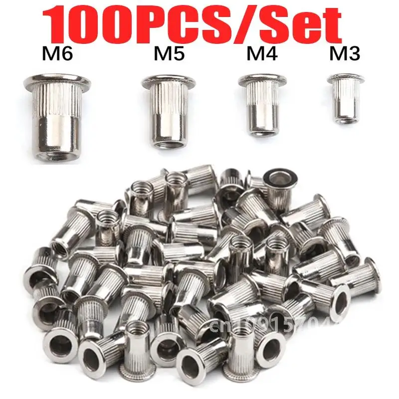 100PCS M3 M4 M5 M6 Stainless Steel Flat Head Rivet Nuts Set Insert Reveting Multi Size Stainless Steel Rivet Nut Set