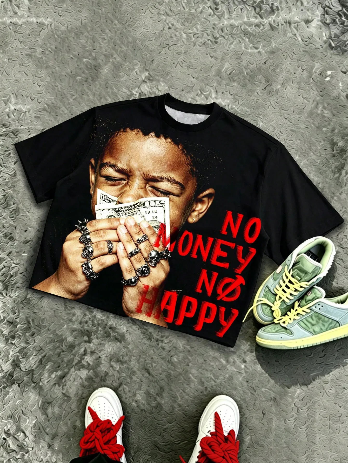 2026 New Unisex Urban Hip‑hop Tee Money Figure City Background Cartoon Print Casual Street Short Sleeve T‑Shirt Tops
