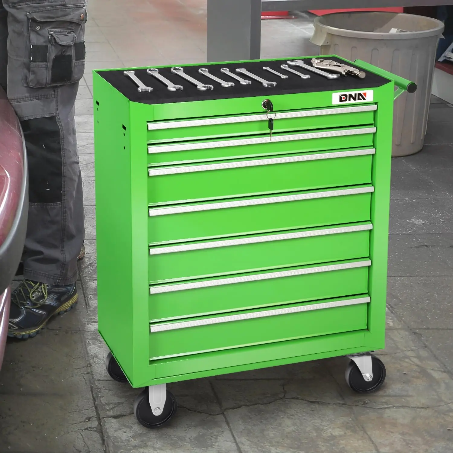 Drawer Rolling Tool Cabinet Chest with Keyed Locking System Non-Slip Mat, for Garage Warehouse Workshop, Green, TOOLS-00399