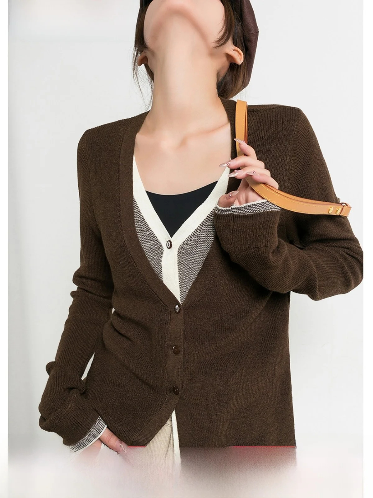 

Trendy Floral Long Sve Slim Fit V-Ne Knitted Sweater Women's Meralda Coffee Color 2025 New Spring Autumn Open Cardigan