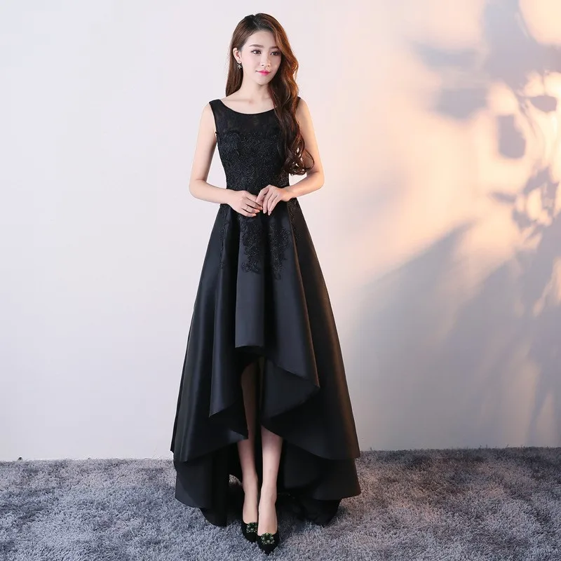 Solid Elegant Slim Fit Evening Dresses Niche O-neck Front Short Back Long Design Prom Vestidos Appliques Sleevess Formal Dress