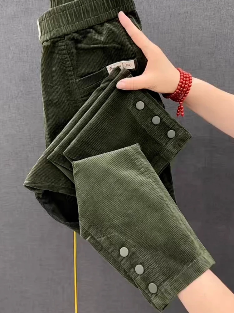 

Женские вельветовые повседневные брюки осень/зима, новые военные зеленые спортивные брюки с высокой талией, модные теплые брюки-шаровары больших размеров в стиле ретро