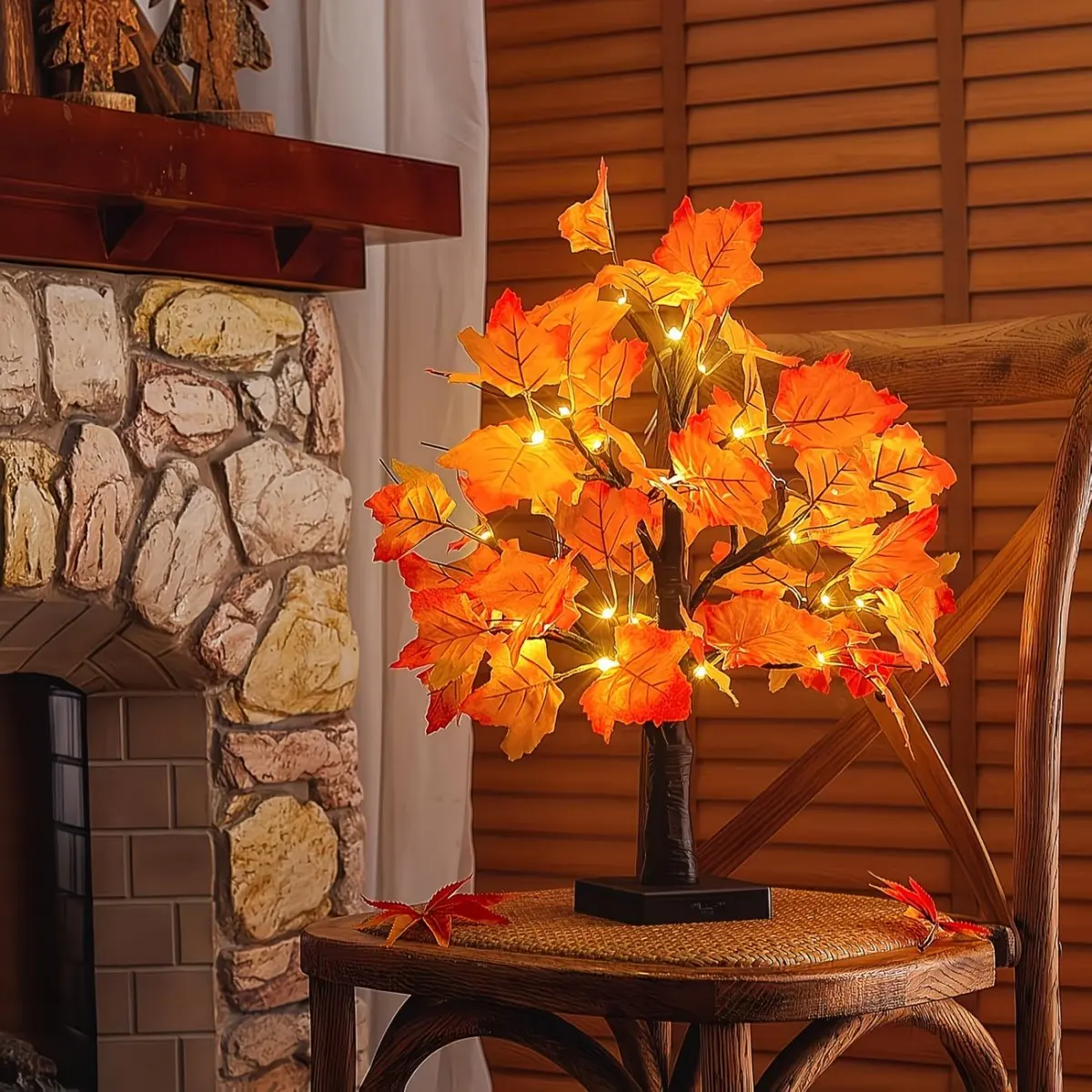 1pc DIY Artificial Black Birch Tree Light 24 LED Desktop Decorative Lamp With Maple Leaf For Home Bedroom Halloween Party Decor