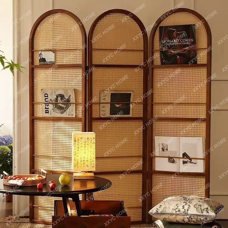 Mobile rattan folding screen living room bedroom entrance opposite door partition storage bookshelf