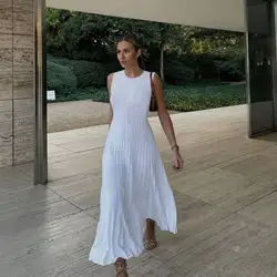 Elegant Solid Pleated Hem Knit Midi Dress Women Chic O-neck Sleeveless Slim Long Dress Casual Fashion Robes Lady Outfits