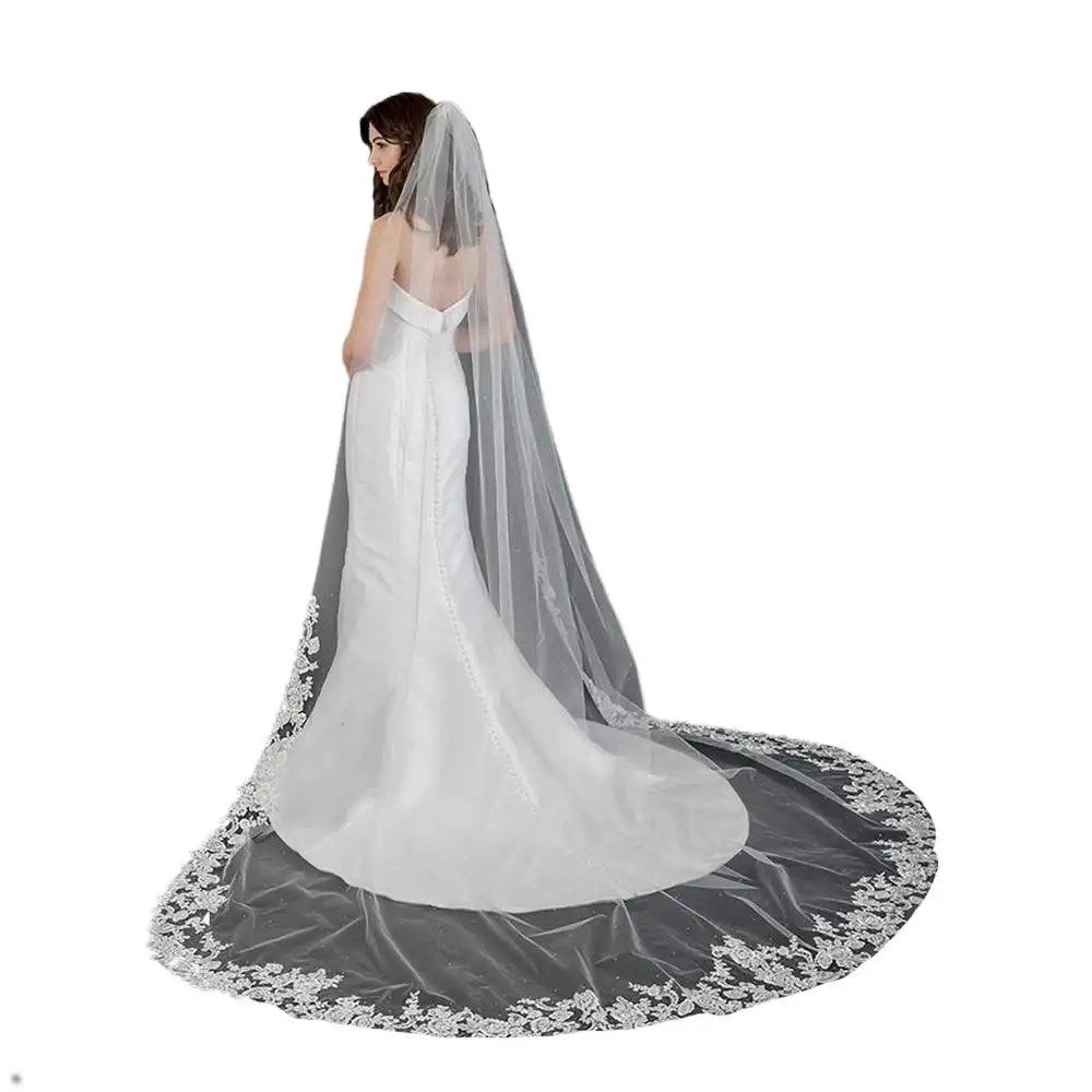 V2297 Wedding Veils Appliques Pattern Chapel Veil One-Layer Wedding Veils With Comb Bridal Veil White Headscarf High Quality