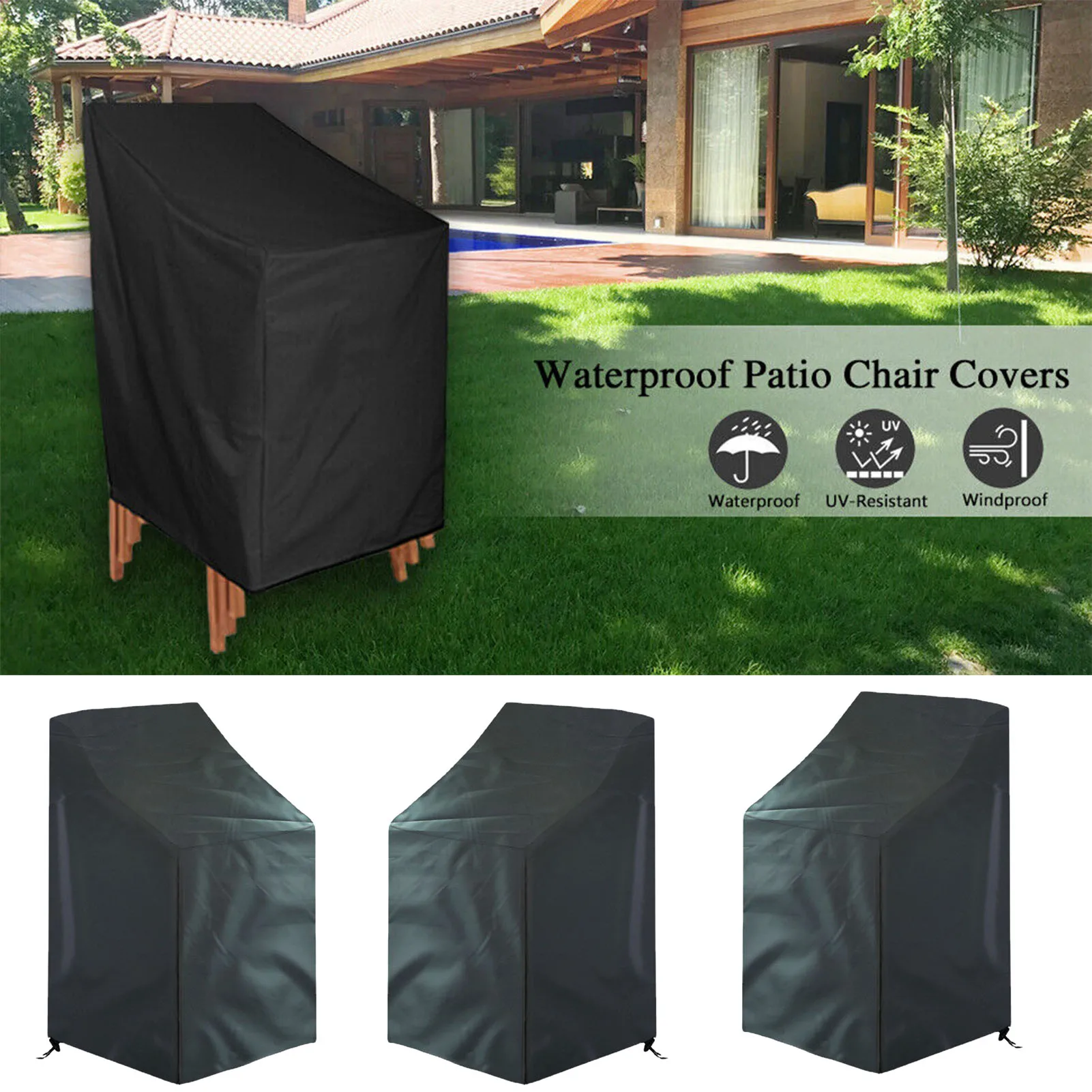 Waterproof Chair Cover 210D Oxford Cloth Outdoor Garden Universal Stackable Furniture Covers Dust Anti-UV Adjustable Hem Cord