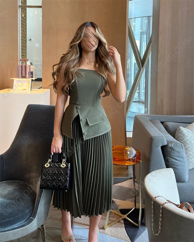 OIMG Dusty Green Strapless Evening Dresses Button Luxury Arabic Formal Prom Dress Tea Length Short Satin Casual Evening Gowns