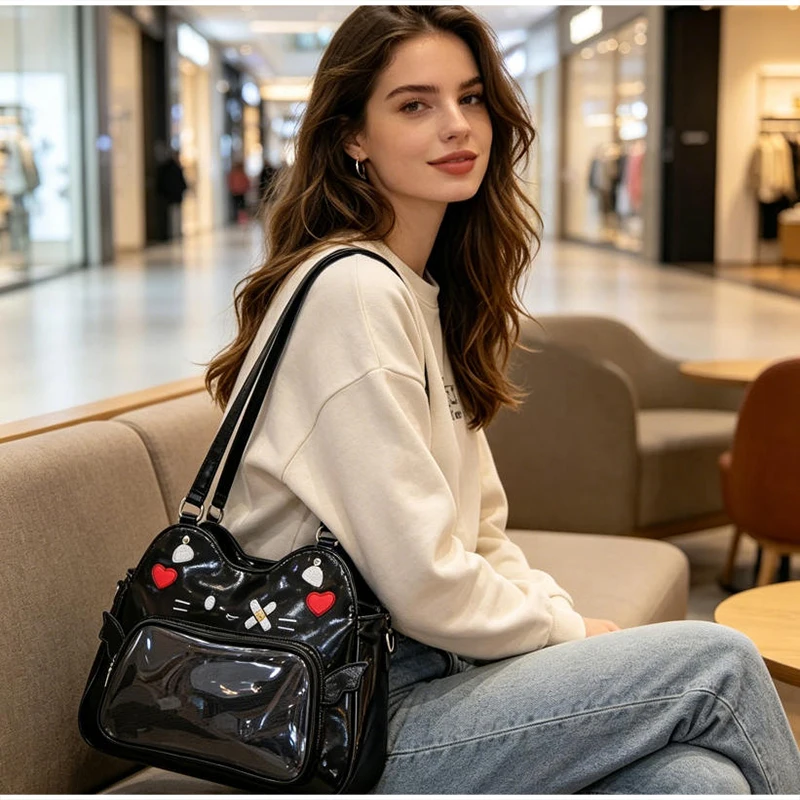 Umhängetasche, Katzenförmige Ita-Tasche mit transparentem Sichtfenster für Abzeichen, Pins und Puppen, leichte, niedliche Mode-Rucksäcke – Detail 27