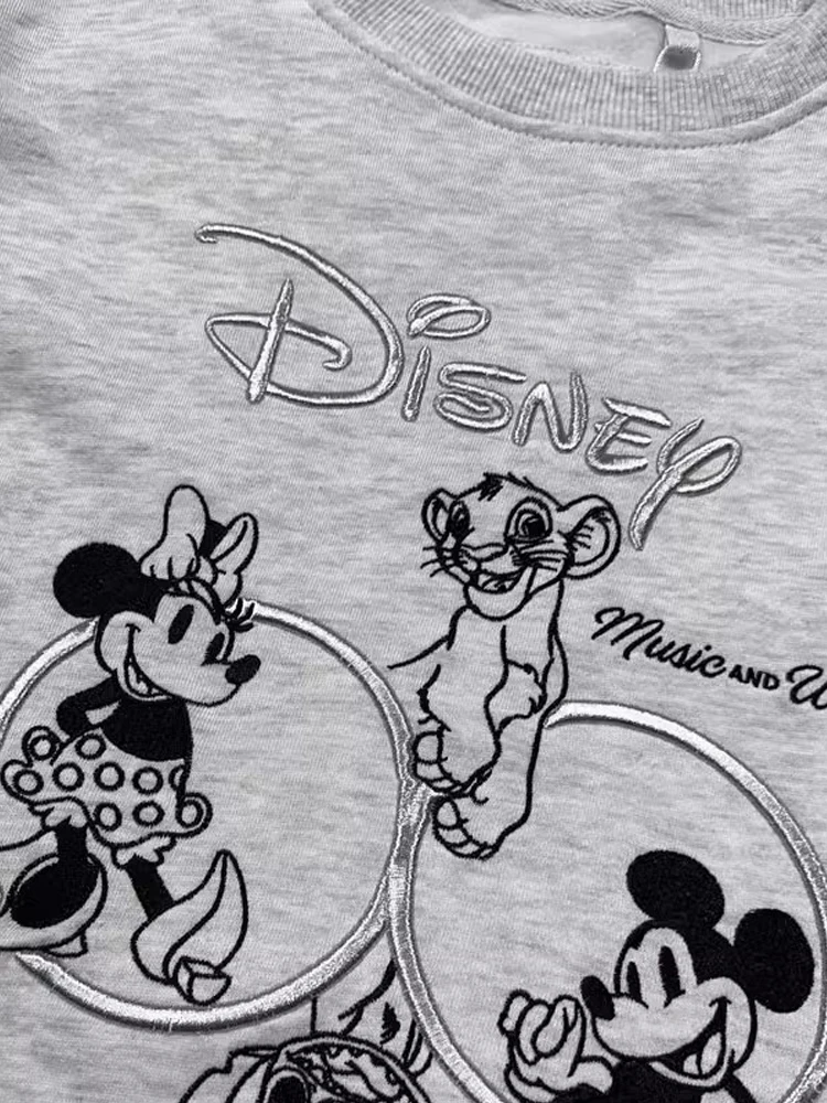 Disney 100th Anniversary Sweatshirt Mickey Minnie Stitch Simba Embroidery Cartoon Print Women Long Sleeve Fleece Jumper Tops