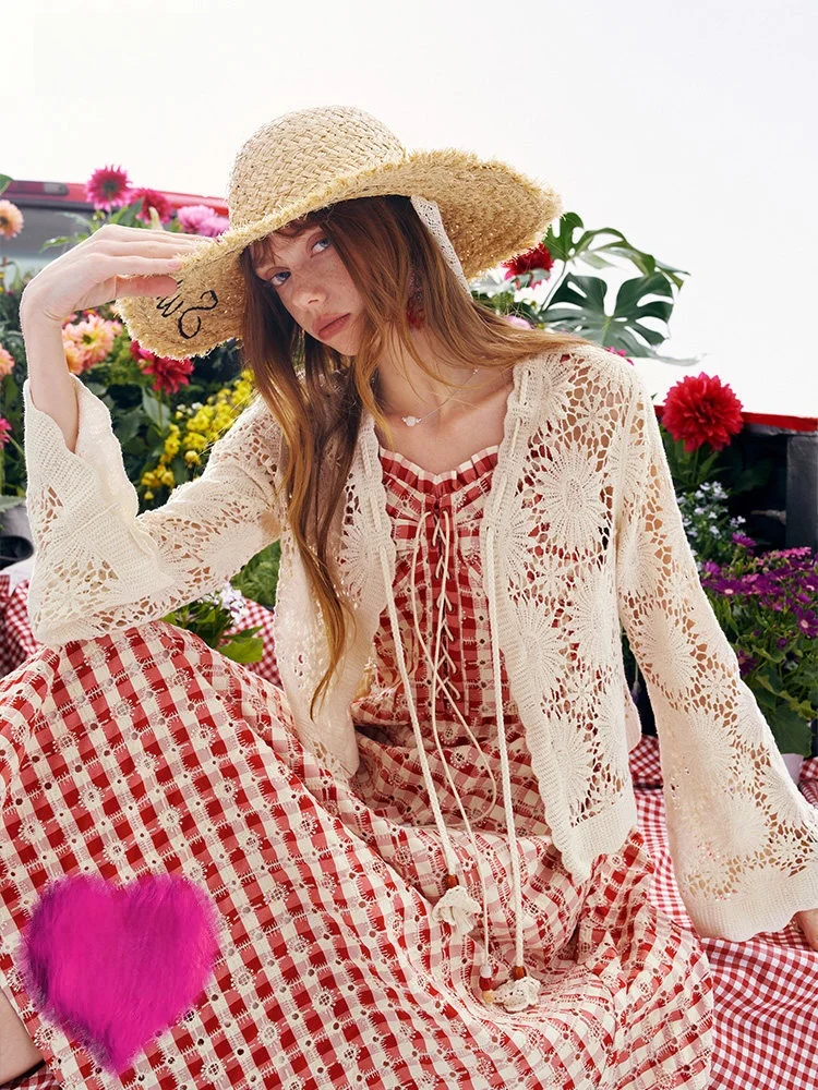 

Sweet Summer Lace Knitwear Women's Beautiful Hollow out Cotton Long Sleeve Cardigan Casual Style Elf Sack Fairy Pocket