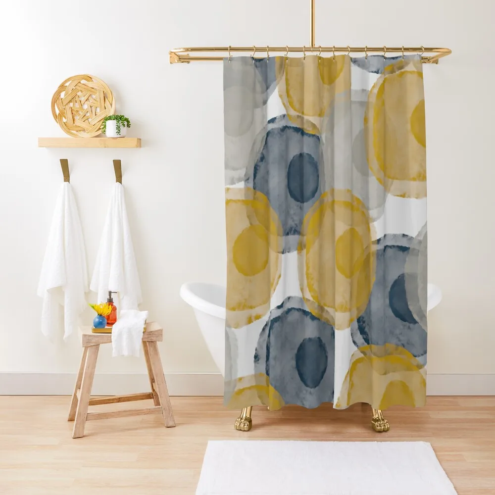 

Nuclei Abstract Watercolor Dot Pattern in Mustard, Navy, and Gray Shower Curtain Anime Shower Bathroom Accessories Curtain