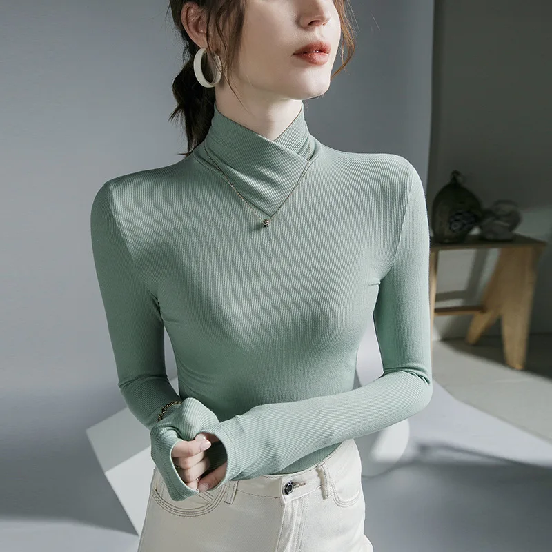 2025 خريف جديد تصميم الأزياء تحسس الوقوف طوق قميص طويل الأكمام قاع مع قميص صغير داخل المرأة قمم تي شيرت #6