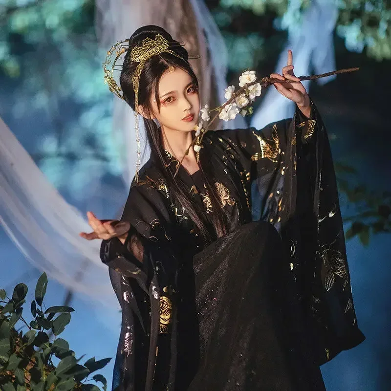 

Women Ancient Black Lotus Embroidery Hanfu Chinese Traditional Cosplay Costume Tang Dynasty Summer Stage Dance Dress