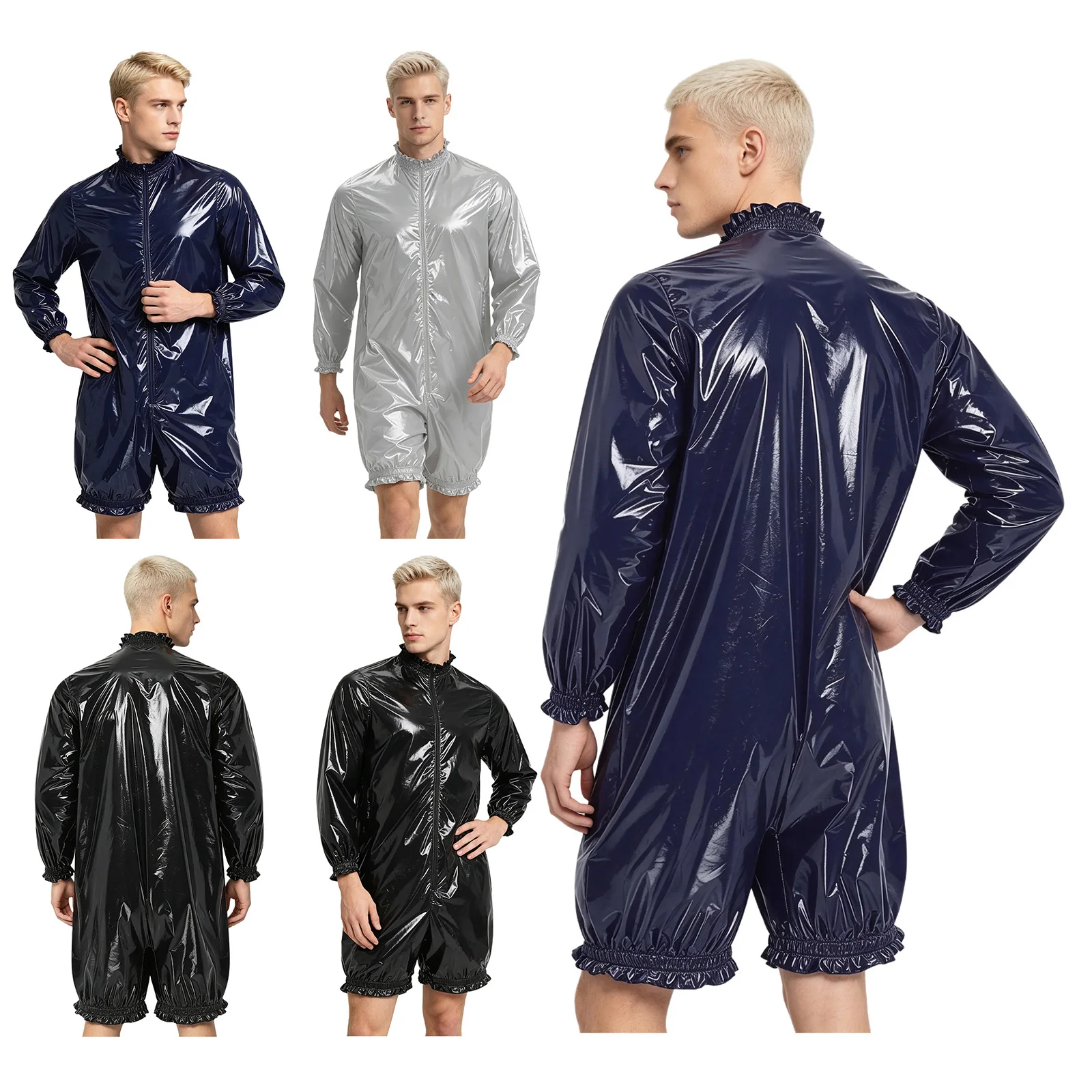 Herren Wasserdichter Vinyl-Bodysuit Badeanzug Langarm Vorderer Reißverschluss Kurze Hose Leotard Overall Gerüschter Windelüberzug Einteiler – Detail 3