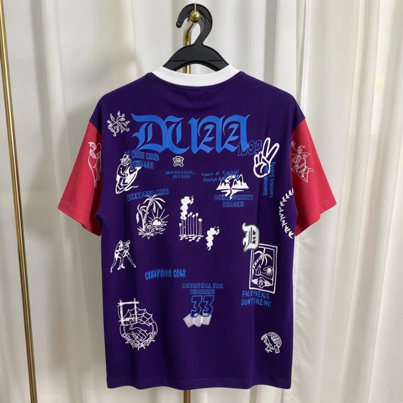 Splicing White Round Neck Short Sleeve DUAA Tshirts Graffiti Vacation Beach Coconut Tree Print Rhinestone Letters Tops Men Women