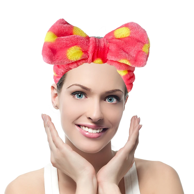 Red with Yellow Dot Spa Headband Bow HairBand Women Facial Makeup Coral Fleece Headwraps for Shower Wash Face Hair Accessories