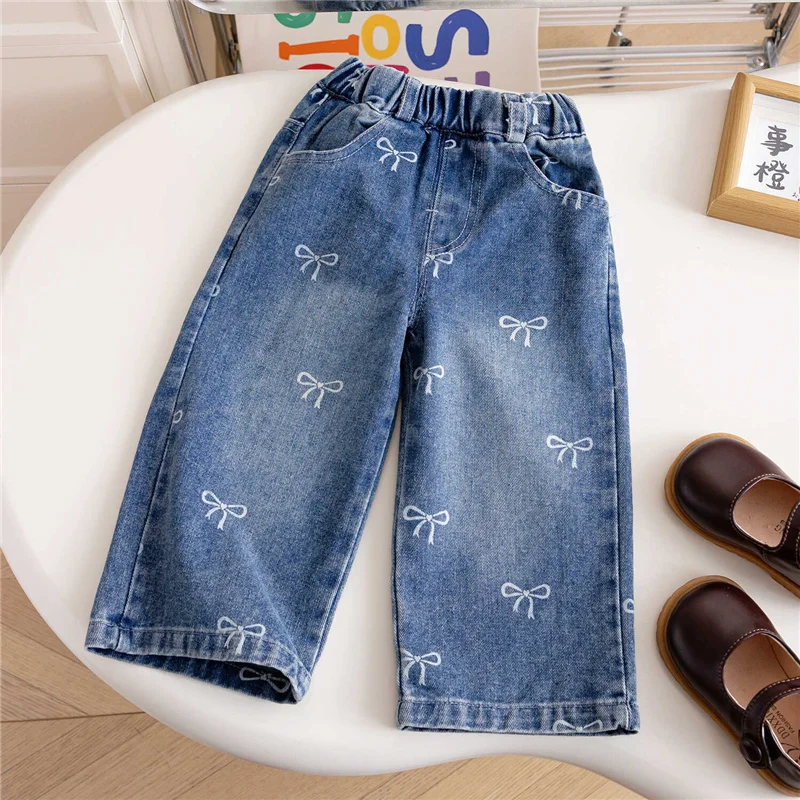 Girls Bow Print Jeans Spring Autumn Straight Trousers Kids Wide-leg Casual Denim Pants Children Clothing 2-8 Years