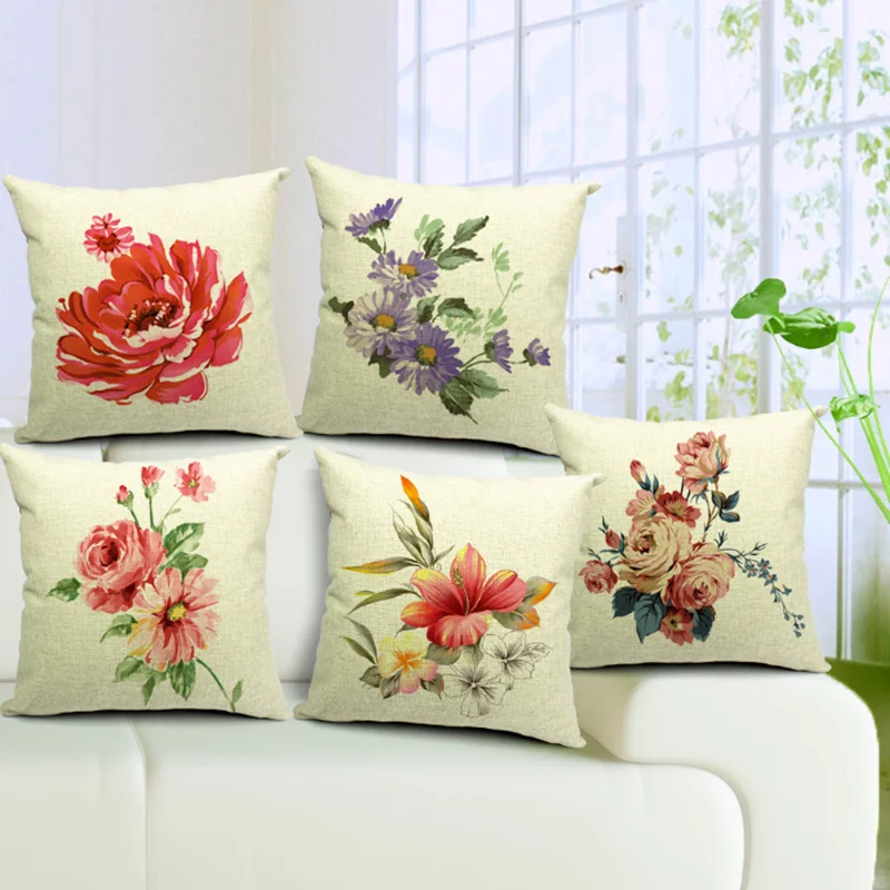 Country Style Linen Material Flower And Bird Embroidery Decoration Pillow Case Bright Color For Sofa Seat Cushion Cover