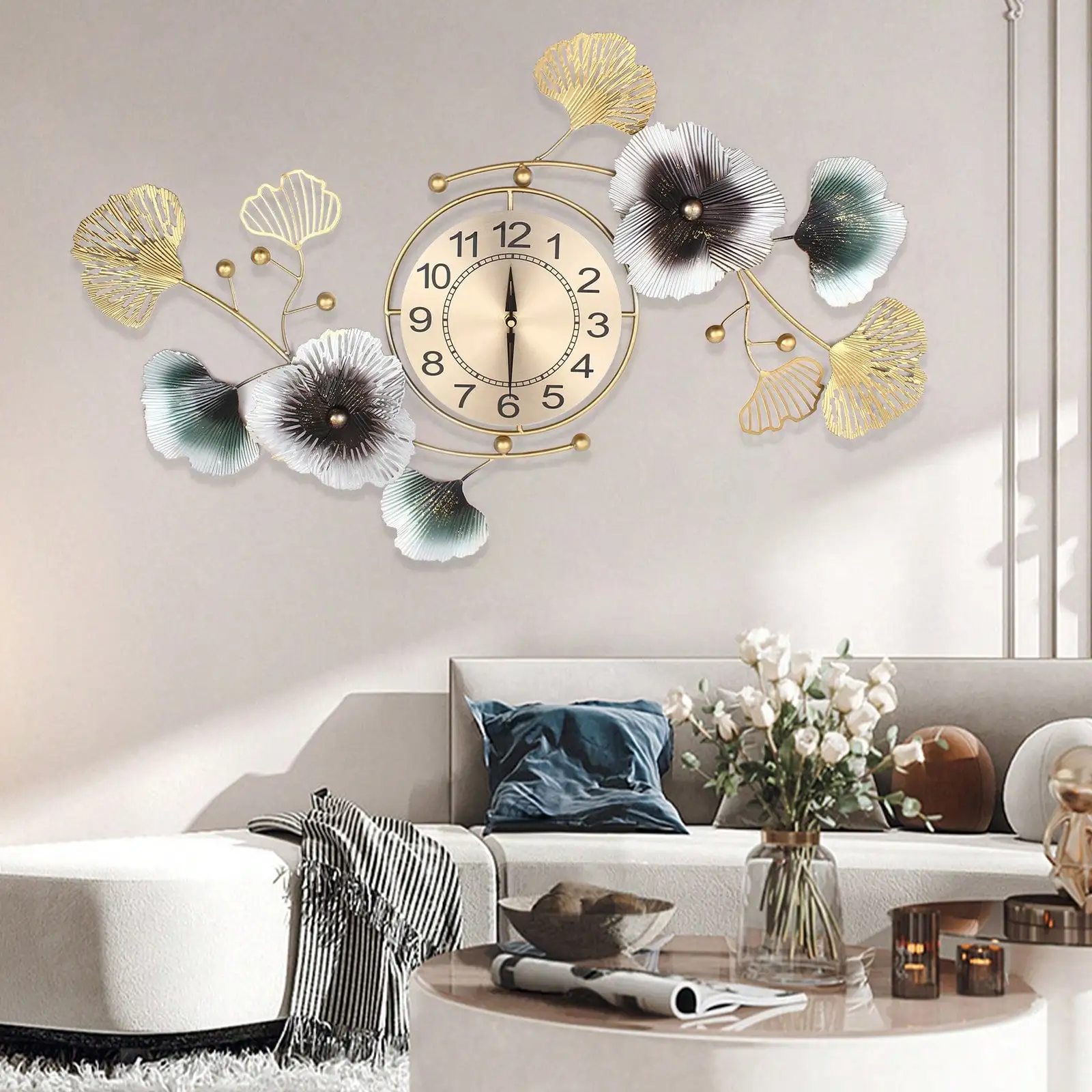 

Large Luxury Ginkgo Leaf Mute Wall Clock 90*45cm For Living Room Office Decor Light Luxury Atmosphere Ginkgo Leaf Wall Clock