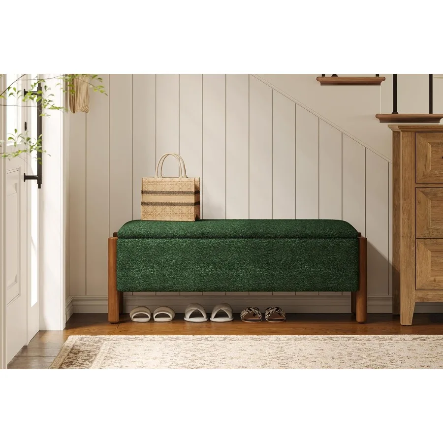 Modern Storage Benches with Walnut Wood Legs 47'' Ottoman Bench with 20 Gallons Storage Space for Bedroom End of Bed Fabric Uph
