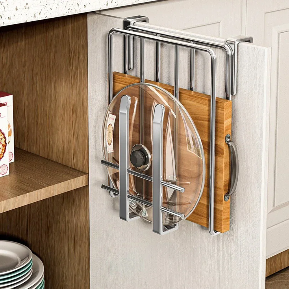 Stainless Steel Kitchen Hanging Cabinet with Hooks Paper Towel Rags Cutting Board Pot Covers Storage Hanger Under Cupboard Rack