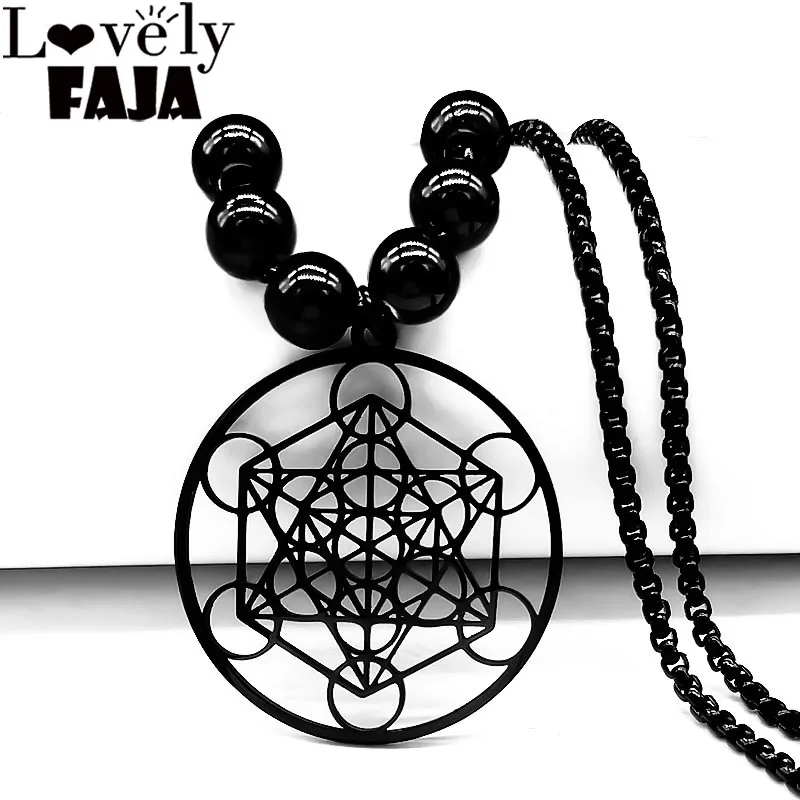

2024 Flower of Life Yoga Stainless Steel Necklaces for Men Black Color Bead Chain Necklace Jewerly colgante hombre N620S03