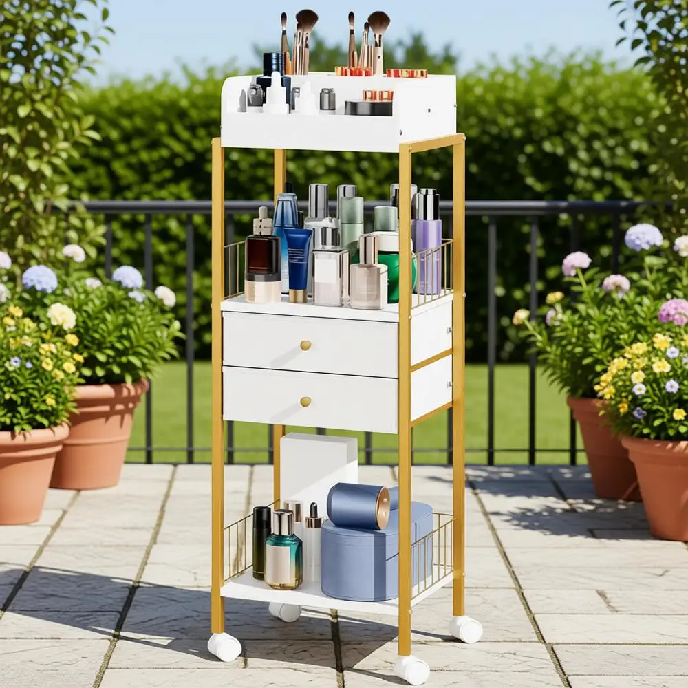 

Золотая тележка-органайзер для косметики и ухода за кожей с ящиками и колесиками для хранения на туалетном столике