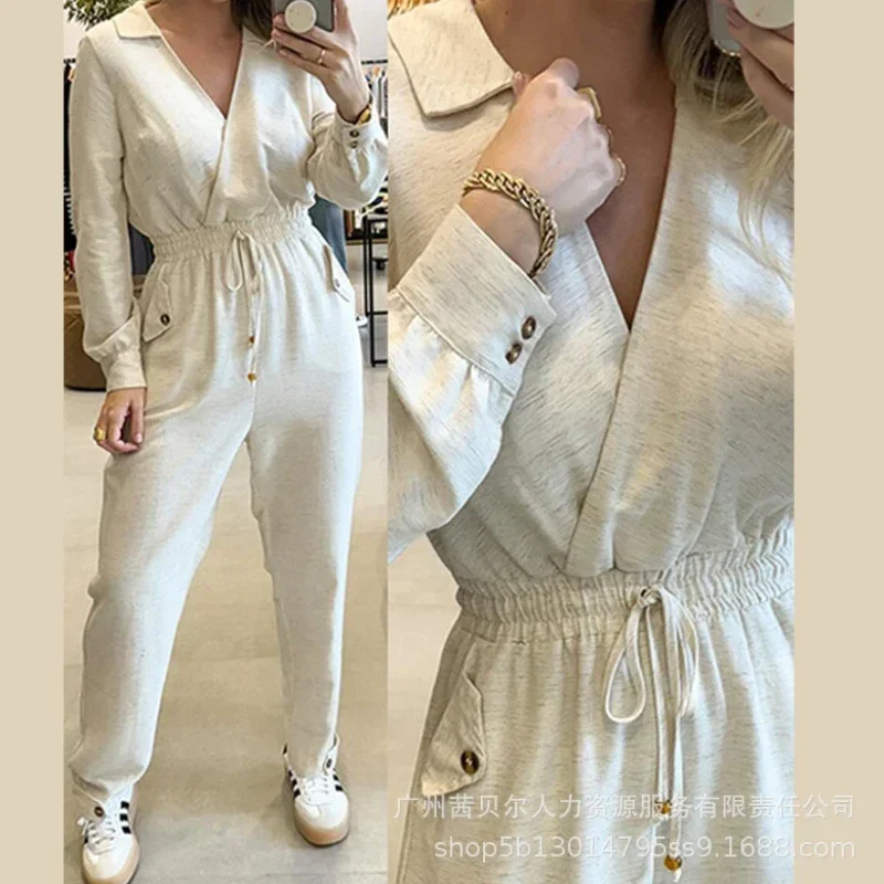 V-neck Drawstring Waist Jumpsuits Women One Piece High Waist Overalls Long Pants Work Elegant Splice Rompers Spring Autumn