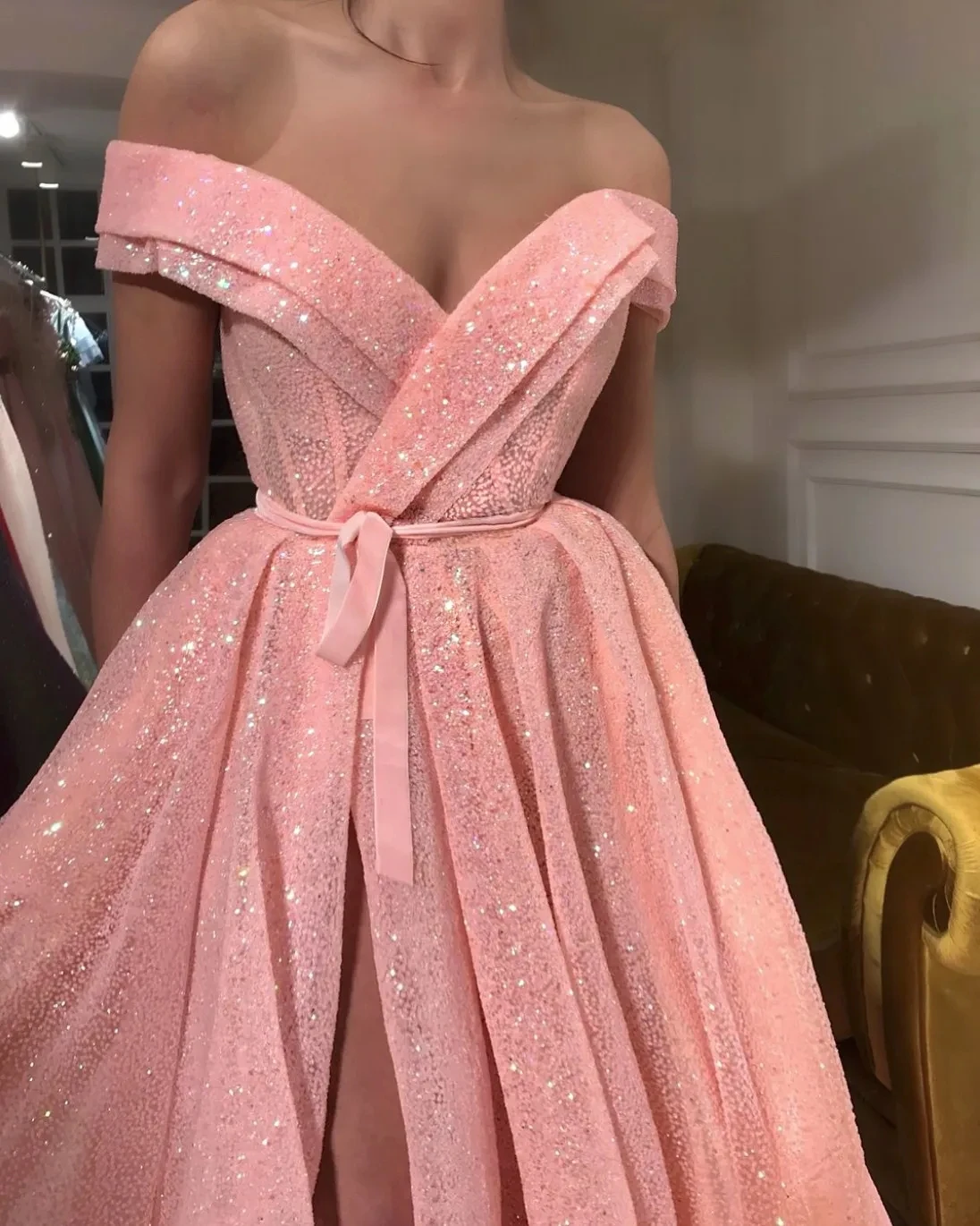 Peach Pink Luxury Sparkle Tulle Prom Dresses Sequined Off Shoulder Sexy Fashion Evening Gowns 2024 Front Slit Long Party Dress